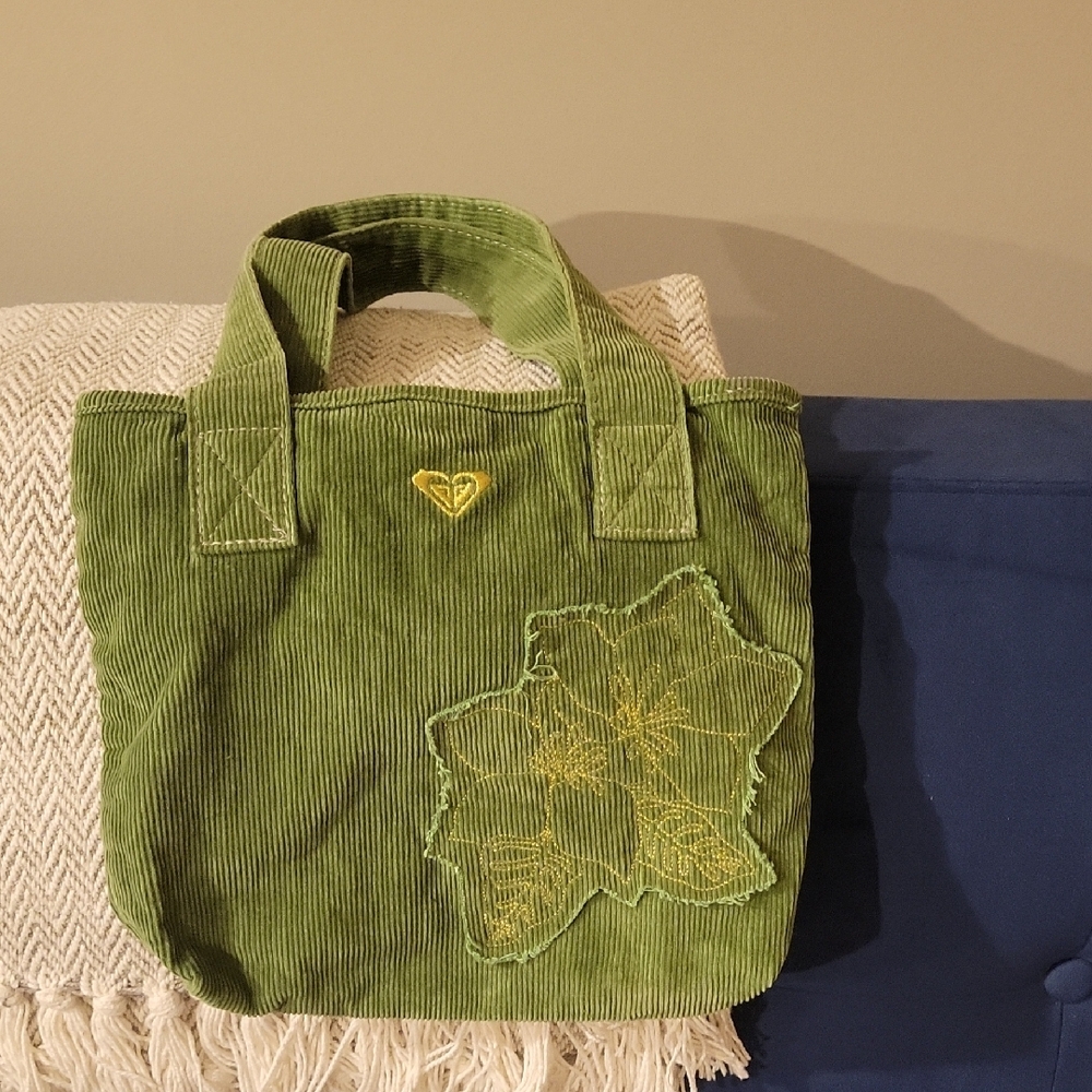 Vintage ROXY Green Corduroy Tote Bag with Leaf Design